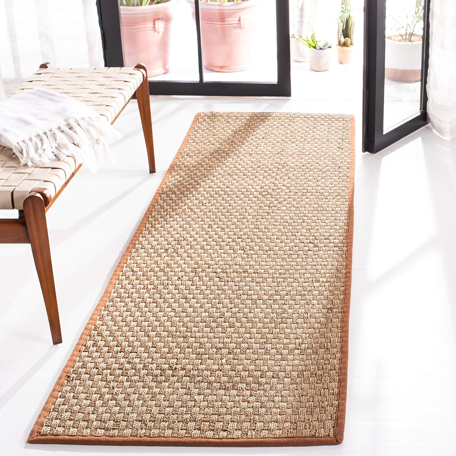 SAFAVIEH Natural Fiber Collection Runner Rug - 2'6" x 8', Natural & Beige, Seagrass, Basketweave Pattern with Border (NF114A)