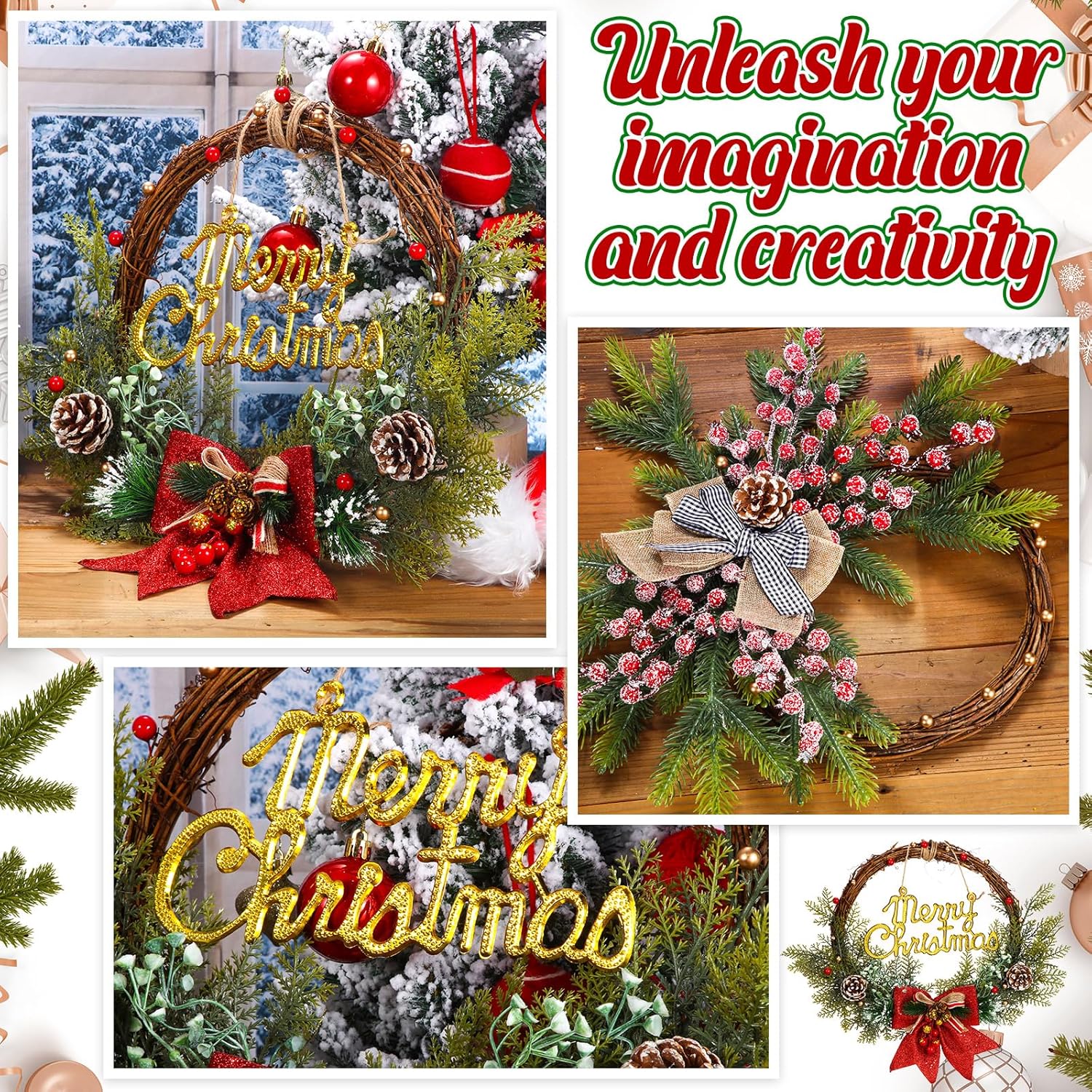 Hotop 134 Pcs Christmas Wreath Decorations Kits Included Grapevine Wreaths Pine Branches Pinecones Letter Signs Bow Ties Berry Picks for DIY Christmas Craft Garden Front Door Art Wall Hanging Decors