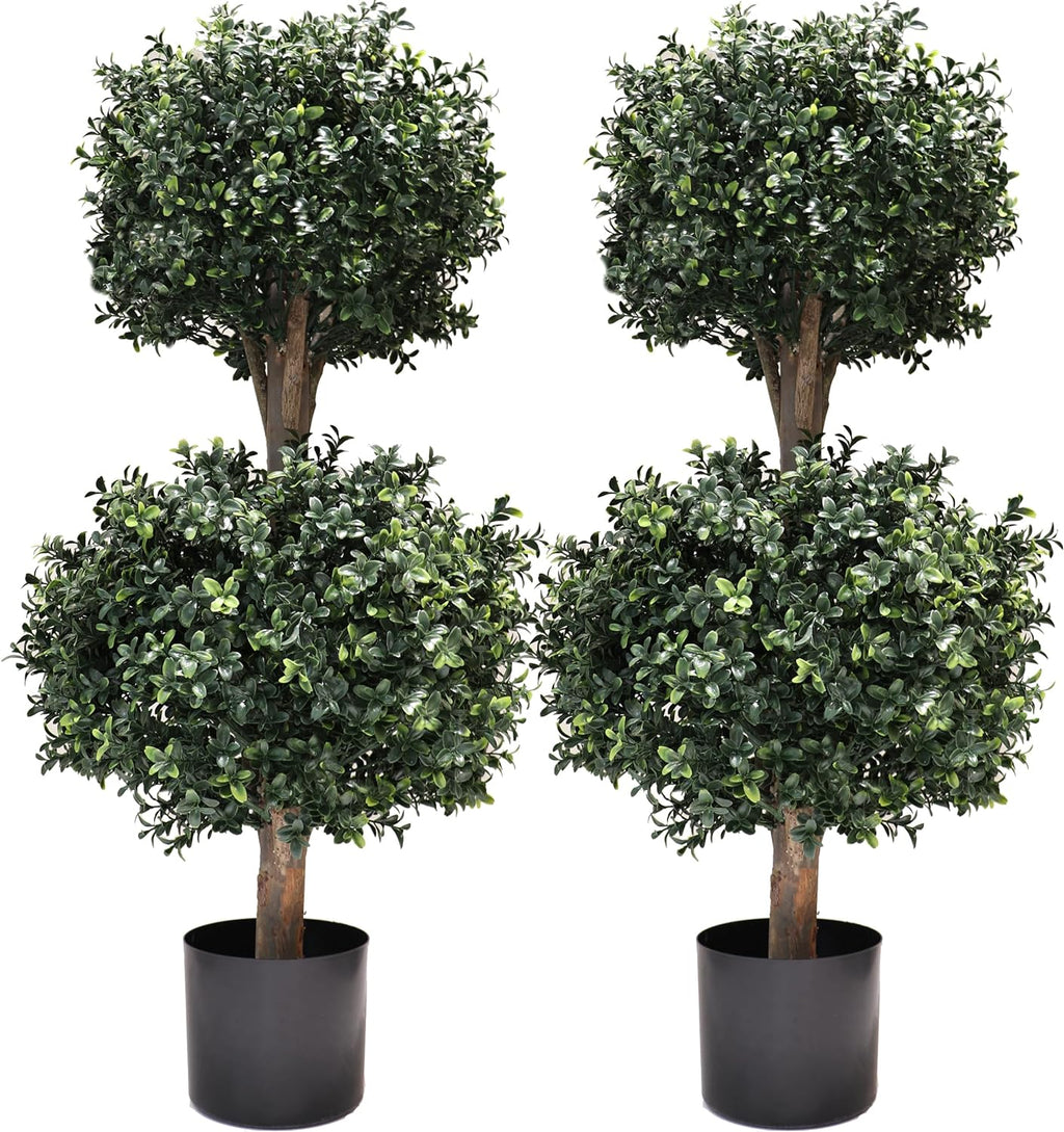 3Ft-35'' Artificial Boxwood Double Ball Topiary Trees,2PACK Faux Topiaries Tree Store Garden Indoor&Outdoor for Porch Home Decor