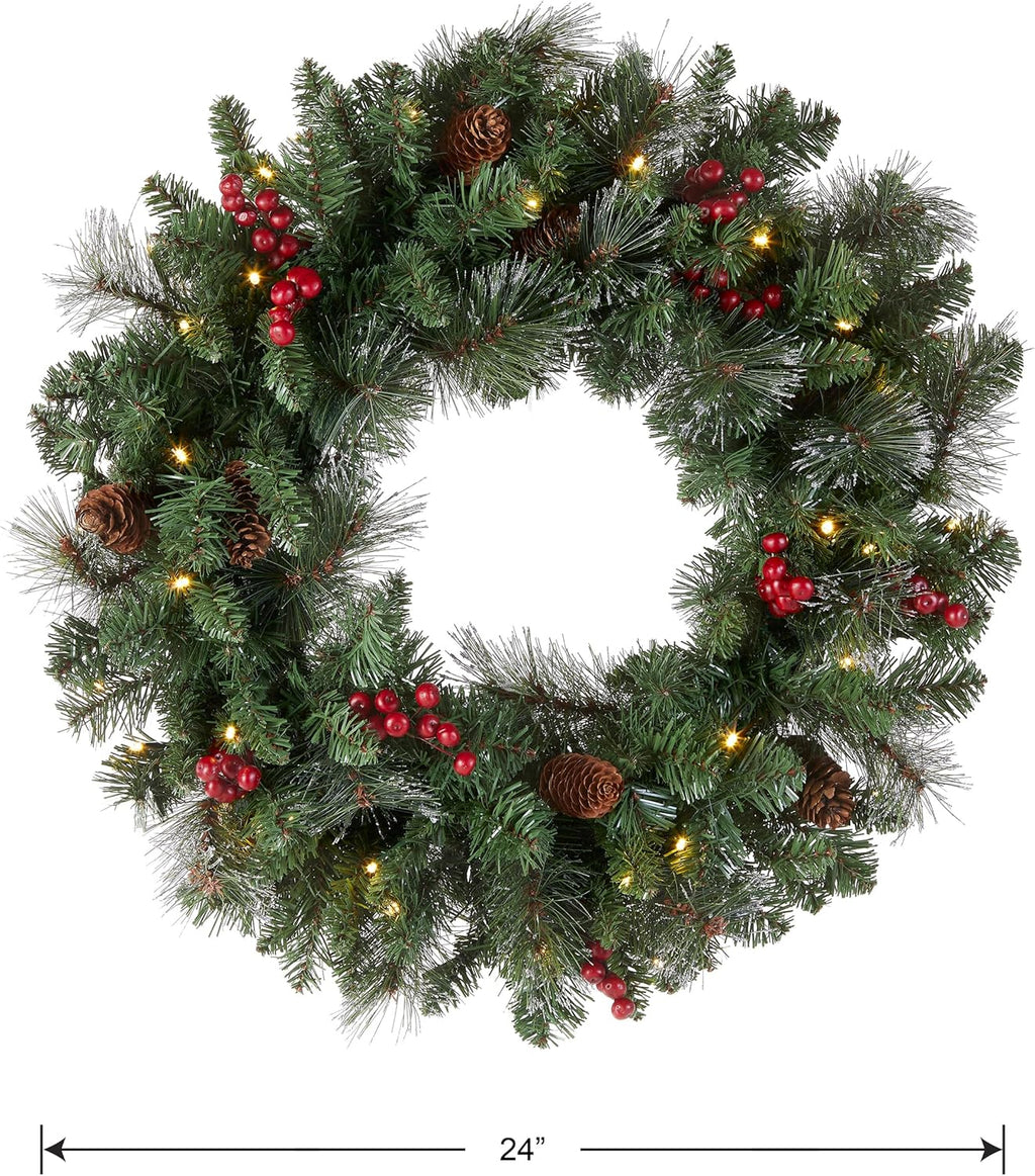National Tree Company 24 in Pre-Lit Crestwood Spruce Artificial Christmas Wreath, Christmas Decoration with Glitter, Pinecones, Red Berries, 50 Clear LED Lights, 160 Tips, Timer, Green