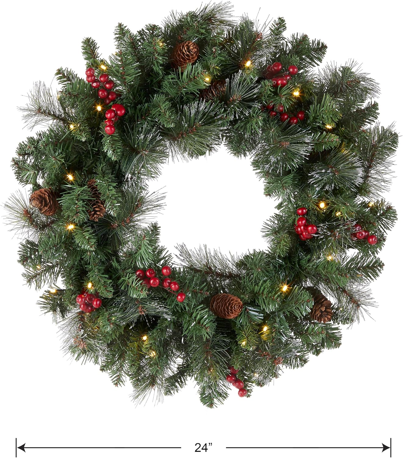 National Tree Company 24 in Pre-Lit Crestwood Spruce Artificial Christmas Wreath, Christmas Decoration with Glitter, Pinecones, Red Berries, 50 Clear LED Lights, 160 Tips, Timer, Green