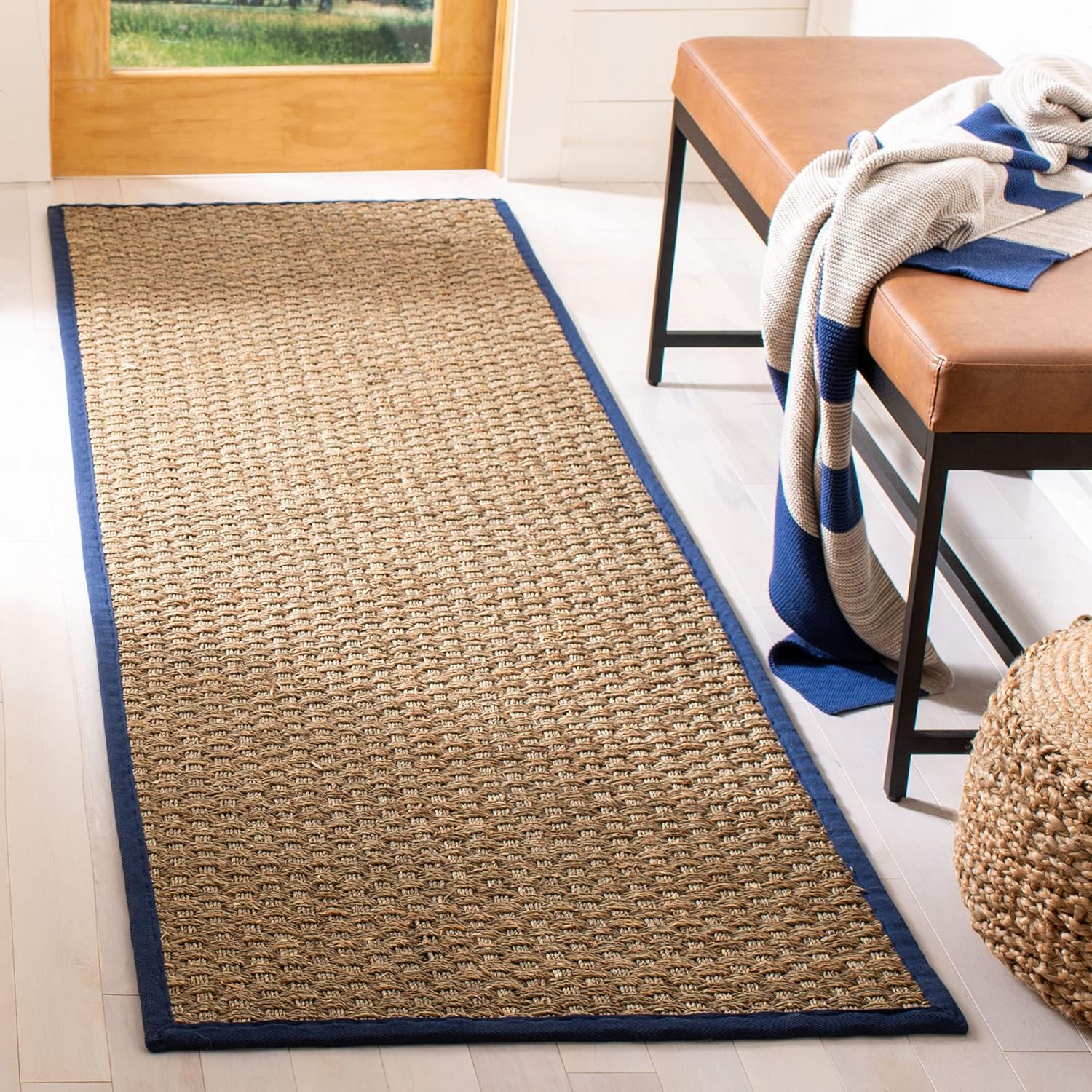 SAFAVIEH Natural Fiber Collection Runner Rug - 2'6" x 8', Natural & Beige, Seagrass, Basketweave Pattern with Border (NF114A)