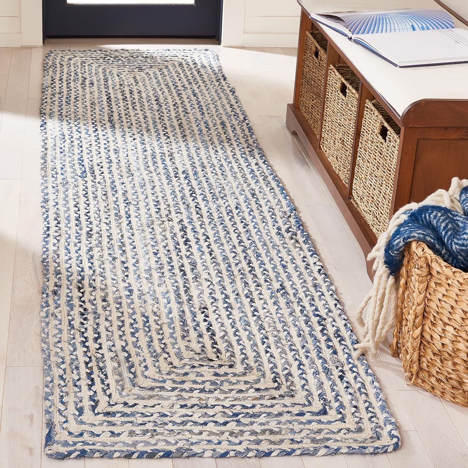 SAFAVIEH Braided Collection Runner Rug - 2'3" x 9', Blue & Ivory, Handmade Farmhouse Cotton, Ideal for High Traffic Areas in Living Room, Bedroom (BRD260M)