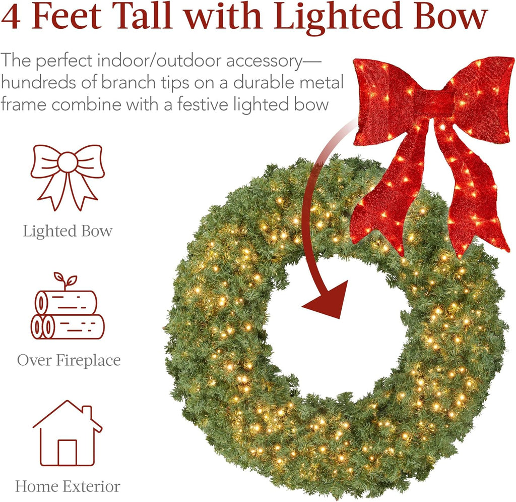 Best Choice Products 48in Large Artificial Pre-Lit Fir Christmas Wreath Holiday Accent Decoration for Door, Mantel w/Red Lighted Bow, 250 LED Lights, 714 PVC Tips, Power Plug-in