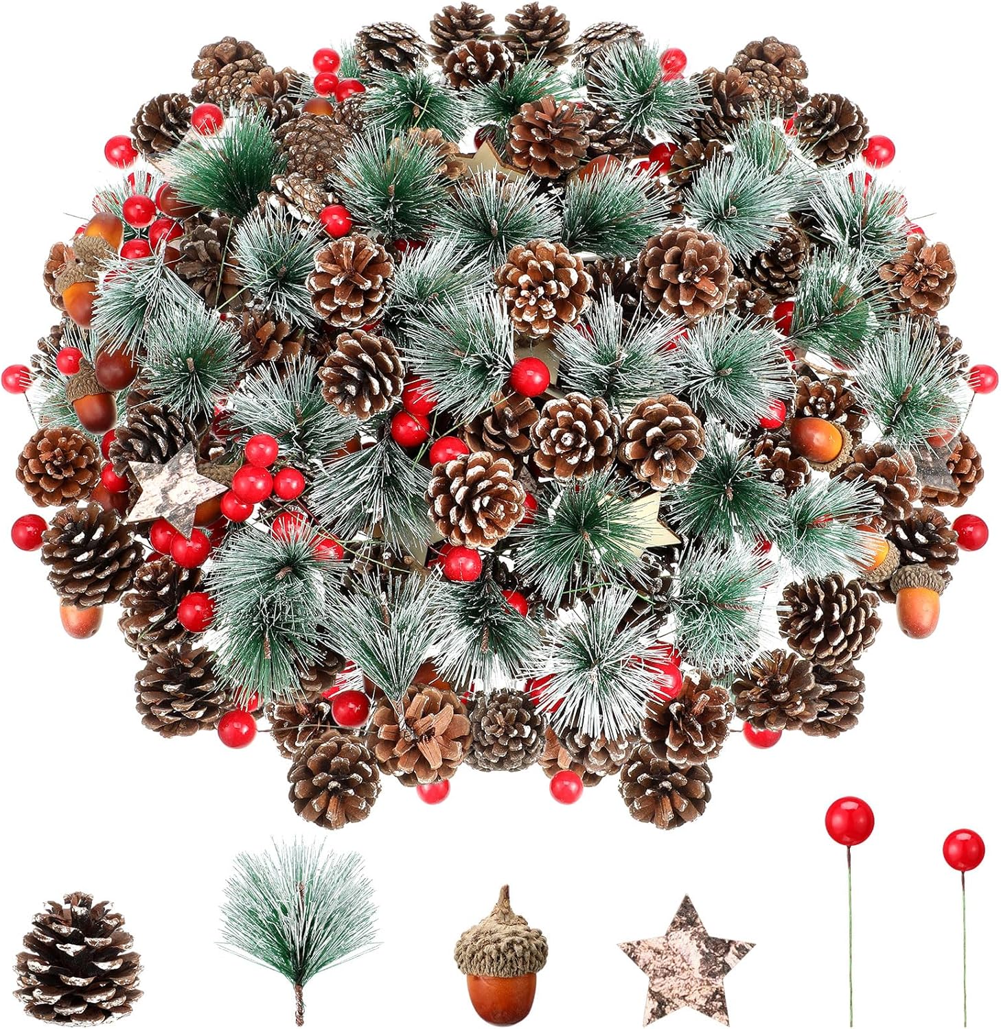 Riceshoot 432 Pcs Christmas Picks and Sprays Pine Cone Red Berries Set Christmas Wreath Making Decoration Artificial Pine Branches Acorns Wooden Stars for Xmas Supplies Party DIY Crafts