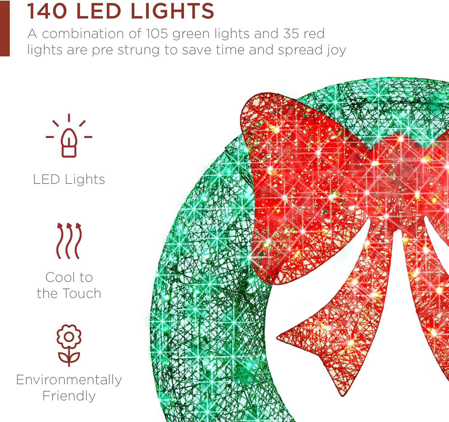 Best Choice Products 48in Pre-Lit Outdoor Christmas Wreath Decoration, LED Metal Holiday Decor for Home w/ 140 Lights, Bow - Green/Red