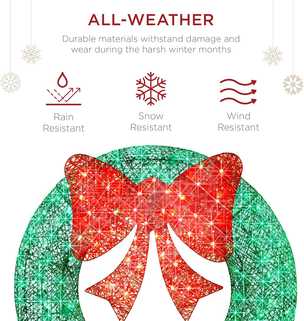 Best Choice Products 48in Pre-Lit Outdoor Christmas Wreath Decoration, LED Metal Holiday Decor for Home w/ 140 Lights, Bow - Green/Red