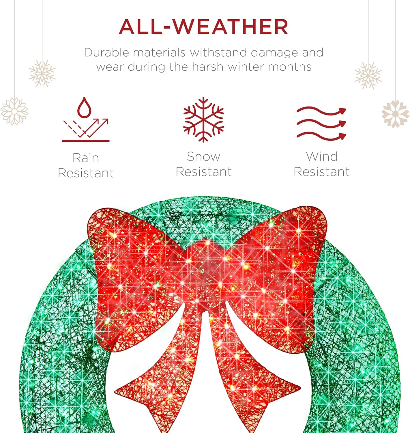 Best Choice Products 48in Pre-Lit Outdoor Christmas Wreath Decoration, LED Metal Holiday Decor for Home w/ 140 Lights, Bow - Green/Red
