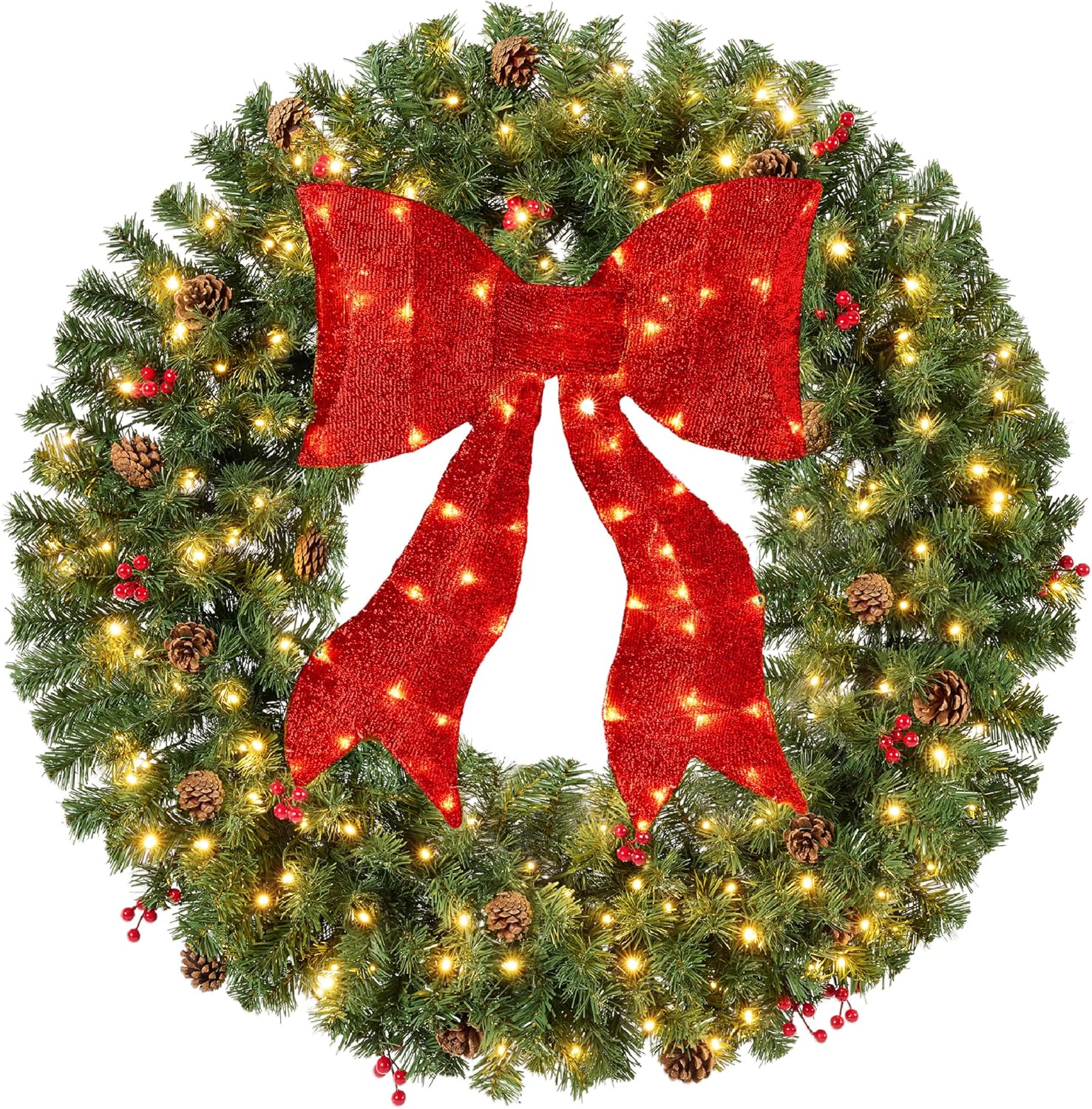 Best Choice Products 48in Large Artificial Pre-Lit Fir Christmas Wreath Holiday Accent Decoration for Door, Mantel w/Red Lighted Bow, 250 LED Lights, 714 PVC Tips, Power Plug-in