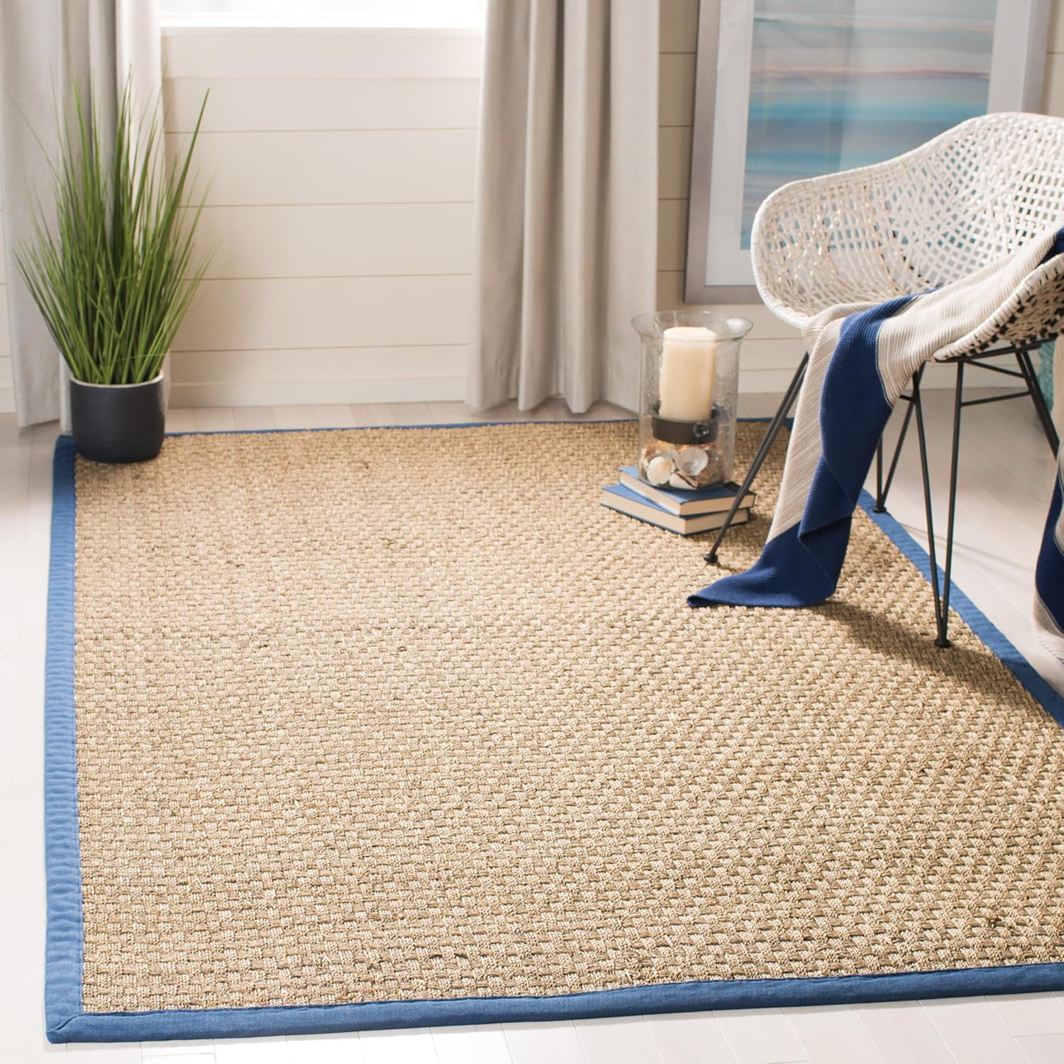 SAFAVIEH Natural Fiber Collection Runner Rug - 2'6" x 8', Natural & Beige, Seagrass, Basketweave Pattern with Border (NF114A)