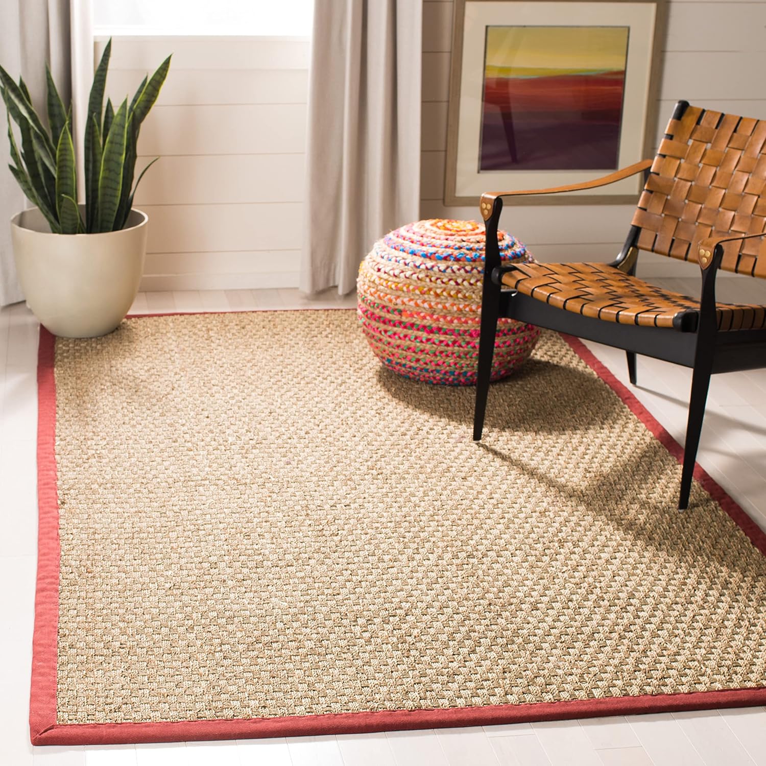 SAFAVIEH Natural Fiber Collection Runner Rug - 2'6" x 8', Natural & Beige, Seagrass, Basketweave Pattern with Border (NF114A)