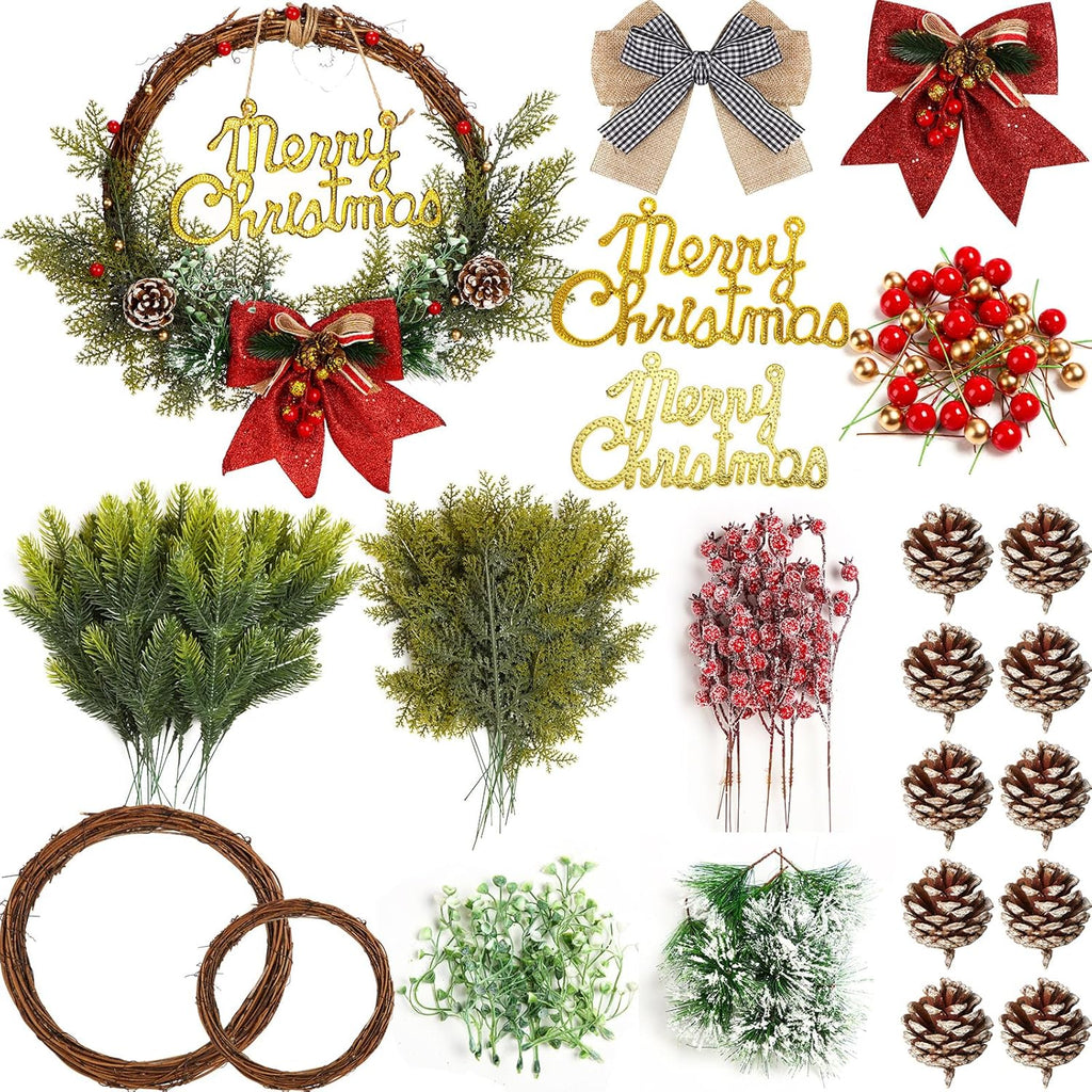 Hotop 134 Pcs Christmas Wreath Decorations Kits Included Grapevine Wreaths Pine Branches Pinecones Letter Signs Bow Ties Berry Picks for DIY Christmas Craft Garden Front Door Art Wall Hanging Decors