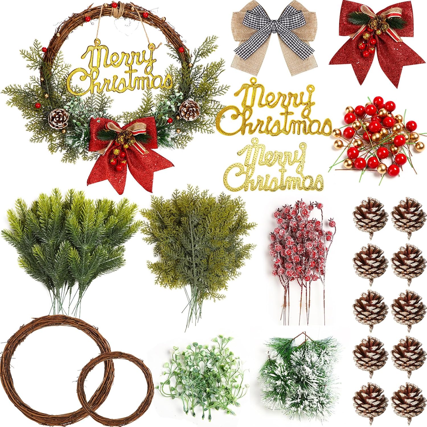 Hotop 134 Pcs Christmas Wreath Decorations Kits Included Grapevine Wreaths Pine Branches Pinecones Letter Signs Bow Ties Berry Picks for DIY Christmas Craft Garden Front Door Art Wall Hanging Decors