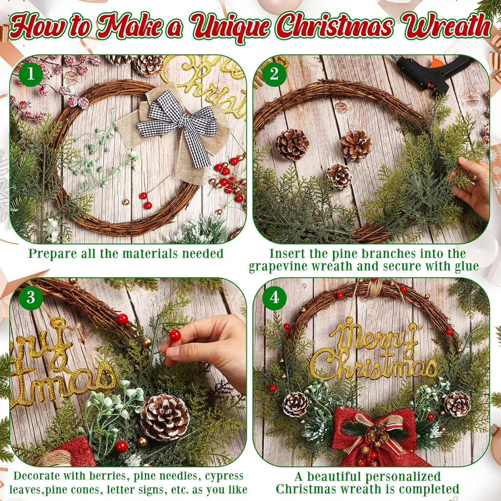 Hotop 134 Pcs Christmas Wreath Decorations Kits Included Grapevine Wreaths Pine Branches Pinecones Letter Signs Bow Ties Berry Picks for DIY Christmas Craft Garden Front Door Art Wall Hanging Decors