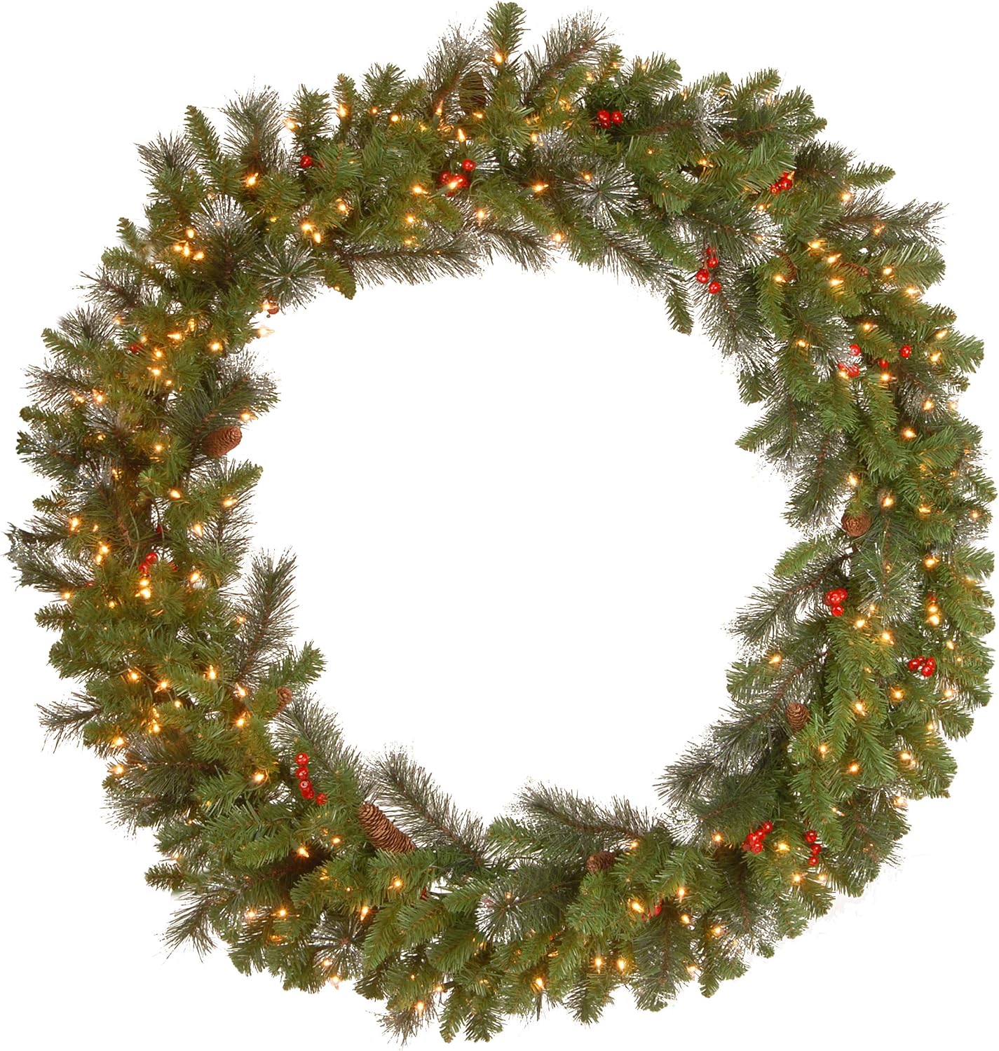 National Tree Company 24 in Pre-Lit Crestwood Spruce Artificial Christmas Wreath, Christmas Decoration with Glitter, Pinecones, Red Berries, 50 Clear LED Lights, 160 Tips, Timer, Green