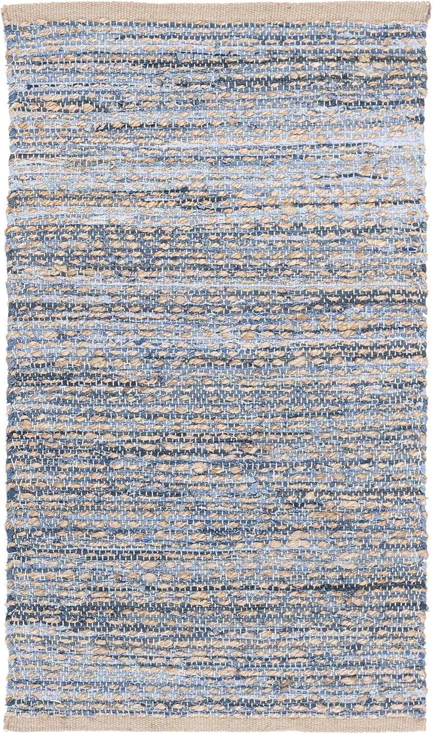 SAFAVIEH Cape Cod Collection Runner Rug - 2'3" x 12', Natural & Blue, Handmade Flat Weave Coastal Braided Jute, Ideal for High Traffic Areas in Living Room, Bedroom (CAP350A)