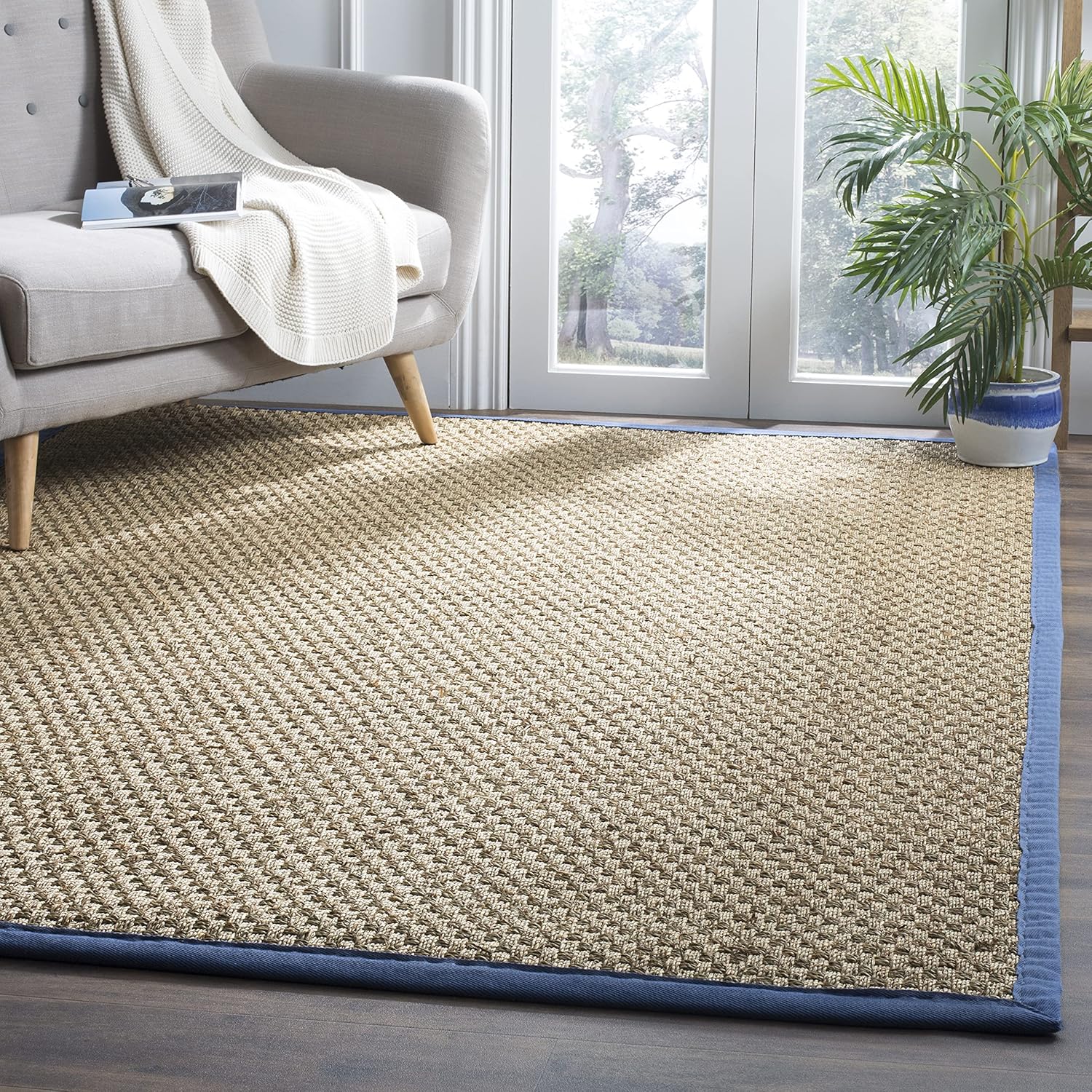 SAFAVIEH Natural Fiber Collection Runner Rug - 2'6" x 8', Natural & Beige, Seagrass, Basketweave Pattern with Border (NF114A)