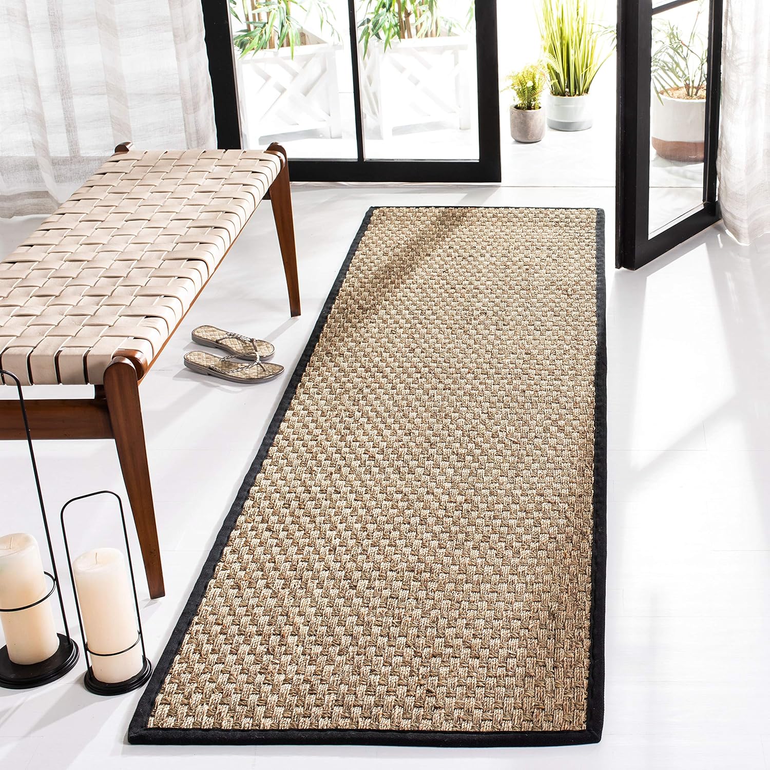 SAFAVIEH Natural Fiber Collection Runner Rug - 2'6" x 8', Natural & Beige, Seagrass, Basketweave Pattern with Border (NF114A)