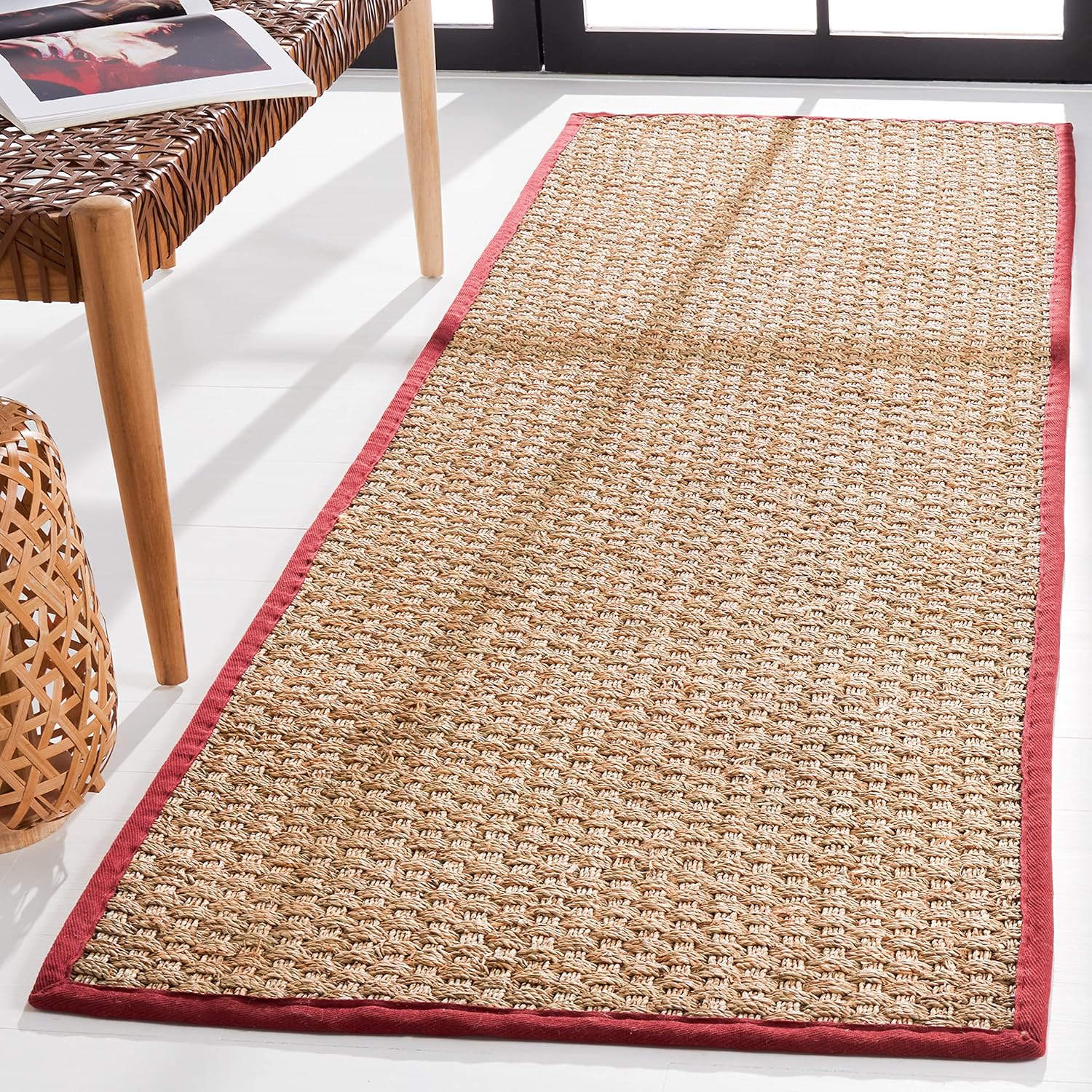 SAFAVIEH Natural Fiber Collection Runner Rug - 2'6" x 8', Natural & Beige, Seagrass, Basketweave Pattern with Border (NF114A)