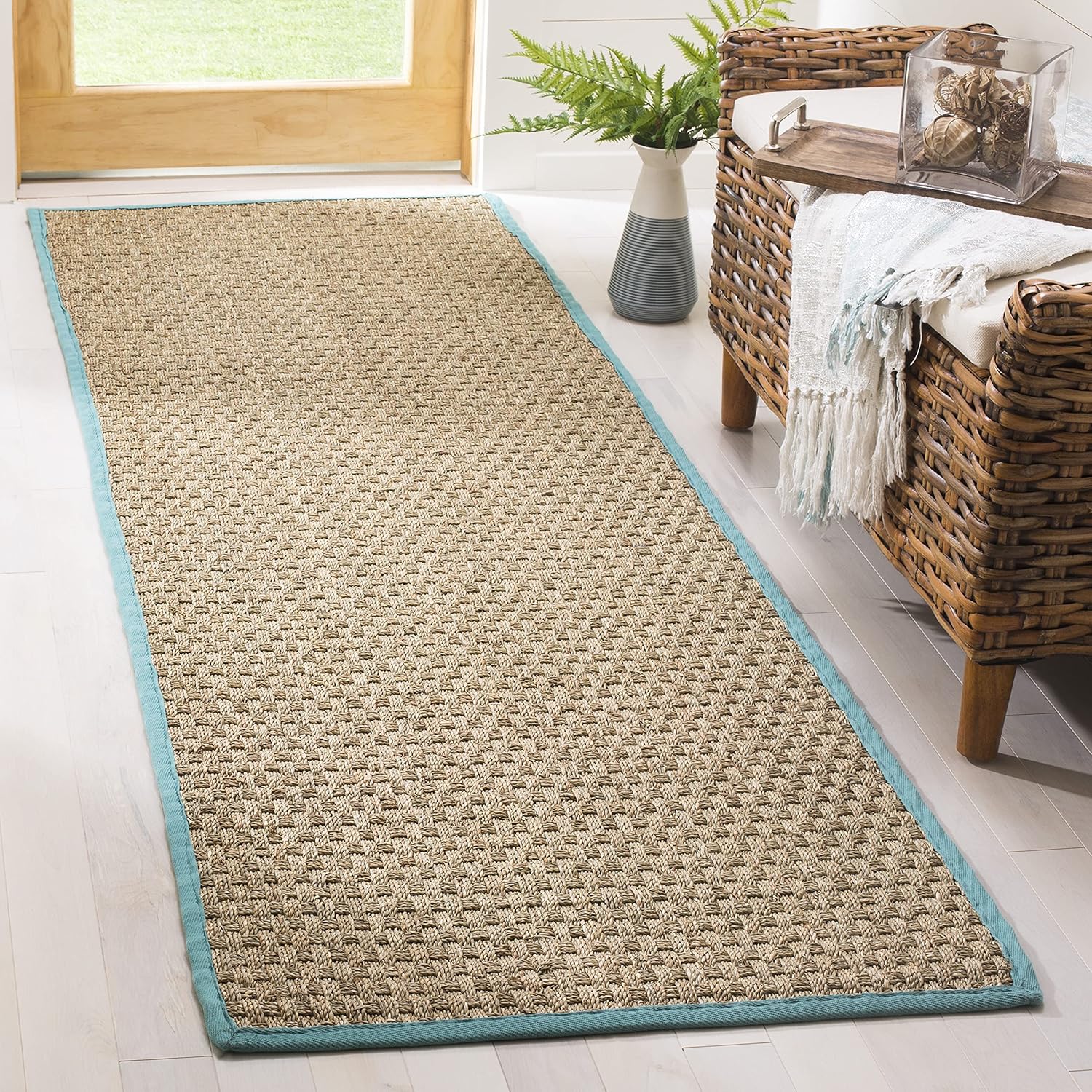 SAFAVIEH Natural Fiber Collection Runner Rug - 2'6" x 8', Natural & Beige, Seagrass, Basketweave Pattern with Border (NF114A)