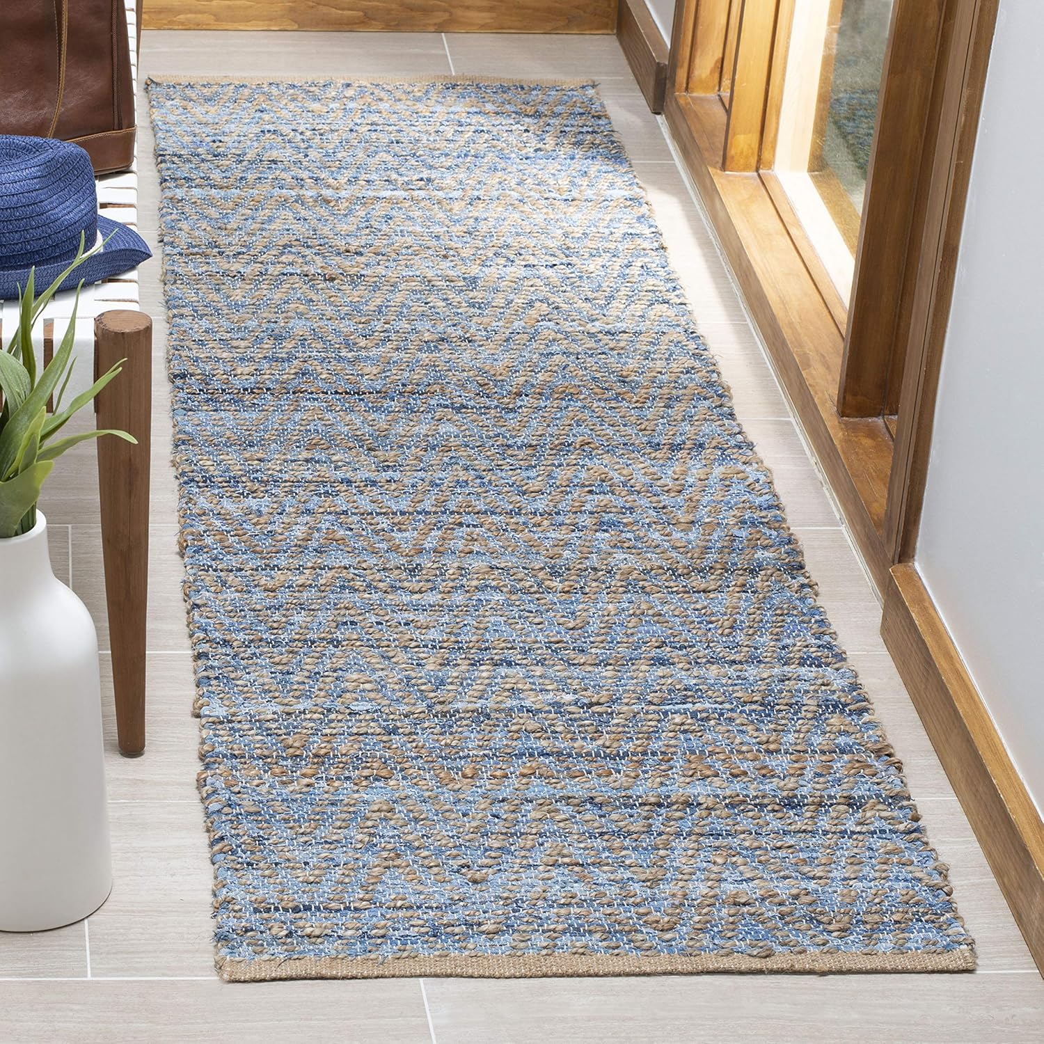 SAFAVIEH Cape Cod Collection Runner Rug - 2'3" x 12', Natural & Blue, Handmade Flat Weave Coastal Braided Jute, Ideal for High Traffic Areas in Living Room, Bedroom (CAP350A)