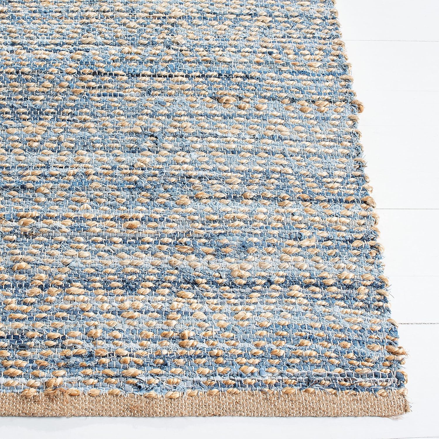 SAFAVIEH Cape Cod Collection Runner Rug - 2'3" x 12', Natural & Blue, Handmade Flat Weave Coastal Braided Jute, Ideal for High Traffic Areas in Living Room, Bedroom (CAP350A)