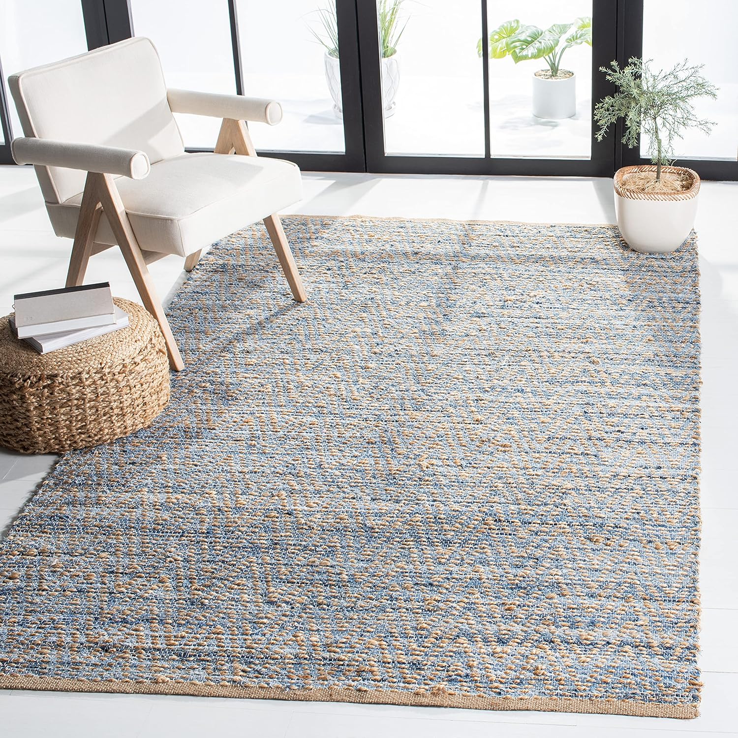SAFAVIEH Cape Cod Collection Runner Rug - 2'3" x 12', Natural & Blue, Handmade Flat Weave Coastal Braided Jute, Ideal for High Traffic Areas in Living Room, Bedroom (CAP350A)