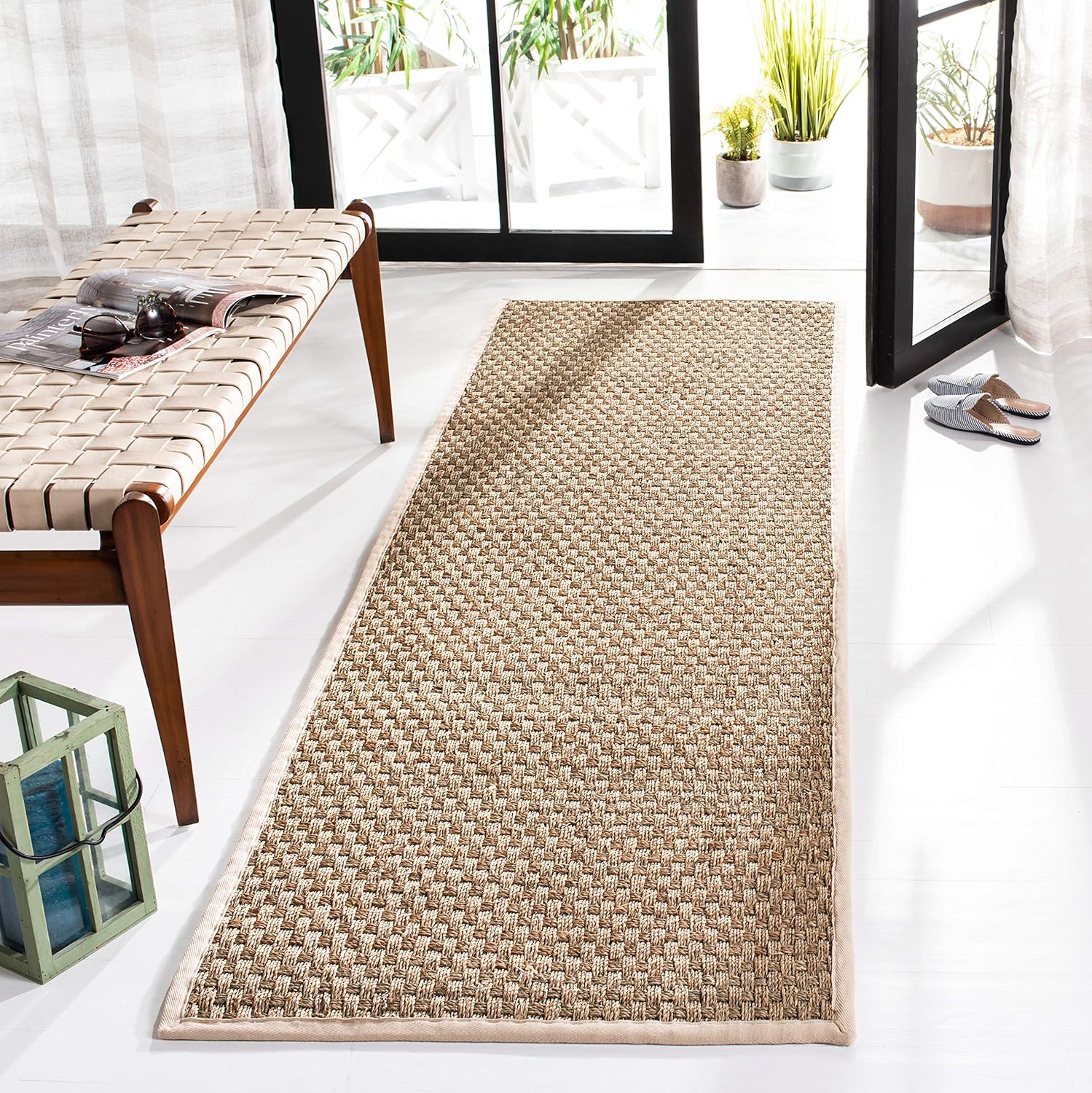 SAFAVIEH Natural Fiber Collection Runner Rug - 2'6" x 8', Natural & Beige, Seagrass, Basketweave Pattern with Border (NF114A)