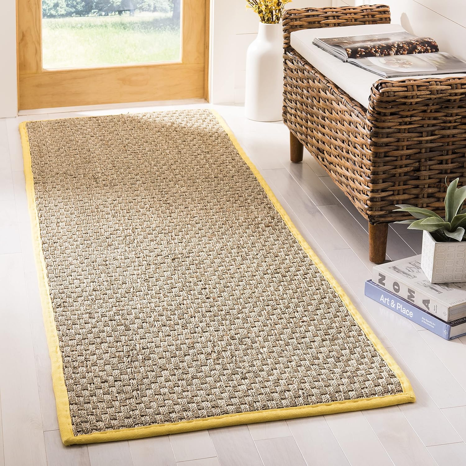 SAFAVIEH Natural Fiber Collection Runner Rug - 2'6" x 8', Natural & Beige, Seagrass, Basketweave Pattern with Border (NF114A)