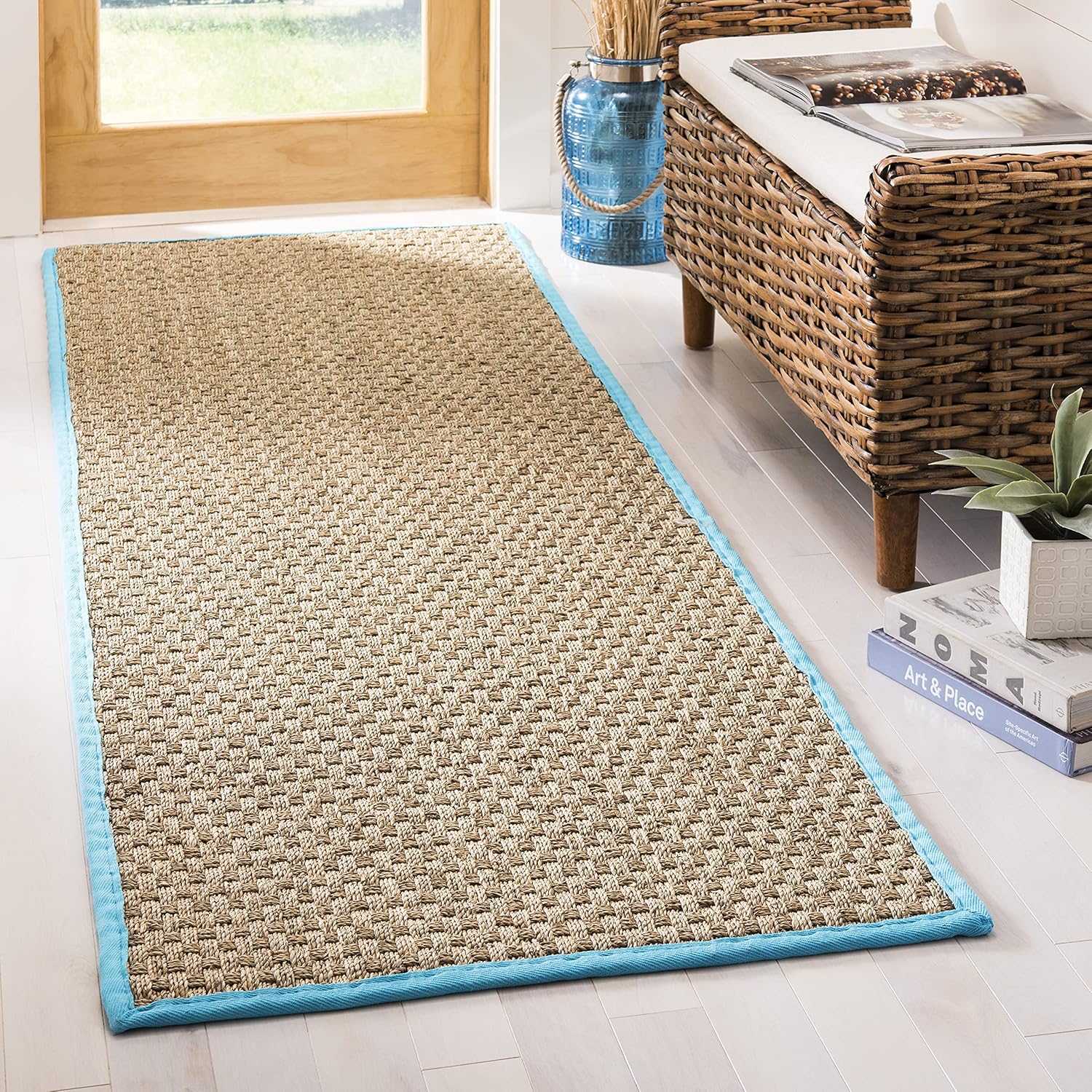 SAFAVIEH Natural Fiber Collection Runner Rug - 2'6" x 8', Natural & Beige, Seagrass, Basketweave Pattern with Border (NF114A)