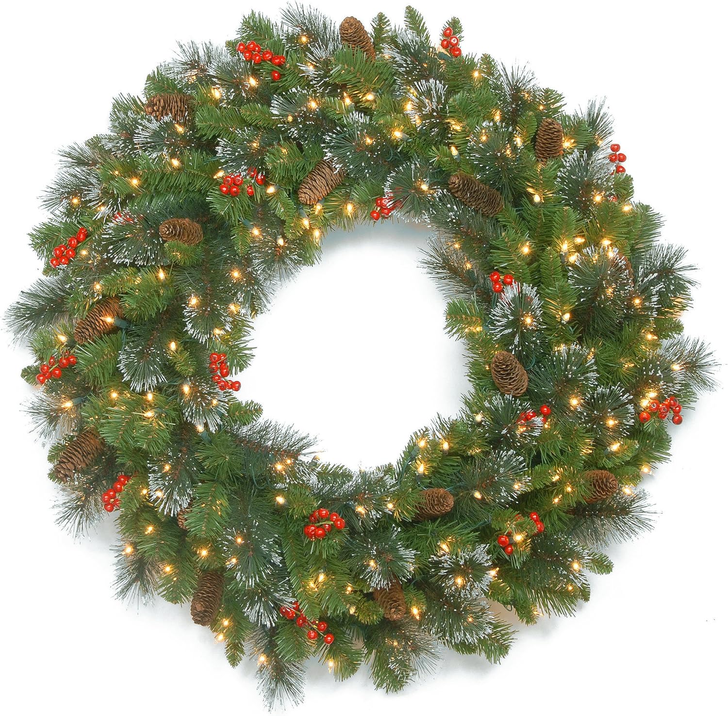 National Tree Company 24 in Pre-Lit Crestwood Spruce Artificial Christmas Wreath, Christmas Decoration with Glitter, Pinecones, Red Berries, 50 Clear LED Lights, 160 Tips, Timer, Green