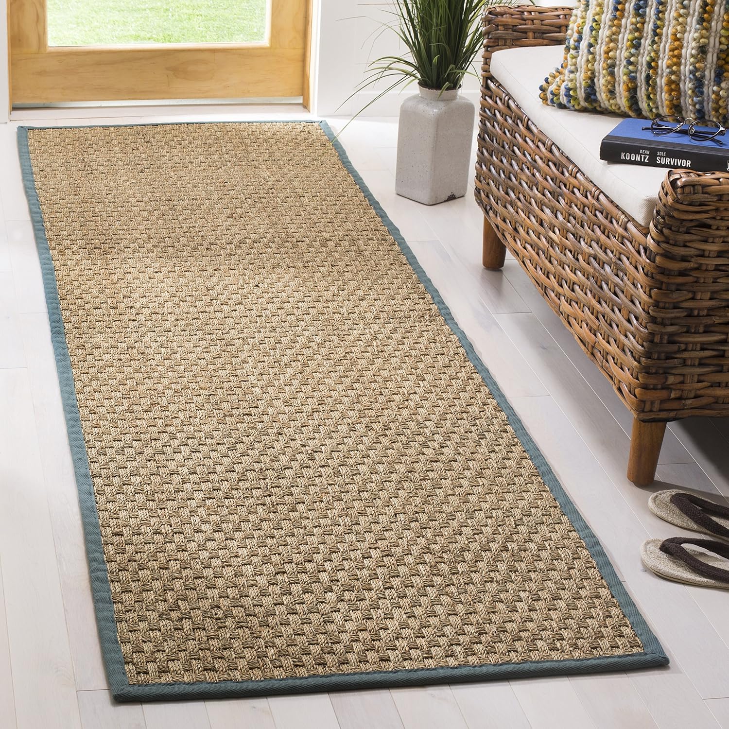 SAFAVIEH Natural Fiber Collection Runner Rug - 2'6" x 8', Natural & Beige, Seagrass, Basketweave Pattern with Border (NF114A)