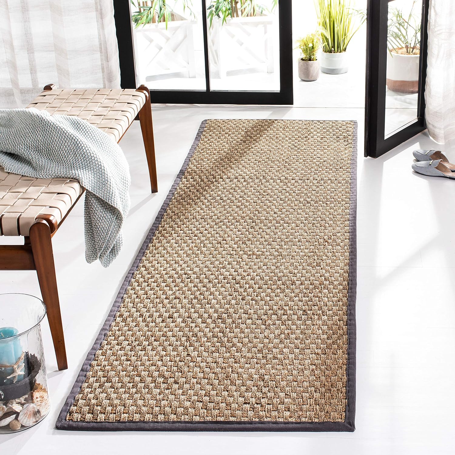 SAFAVIEH Natural Fiber Collection Runner Rug - 2'6" x 8', Natural & Beige, Seagrass, Basketweave Pattern with Border (NF114A)