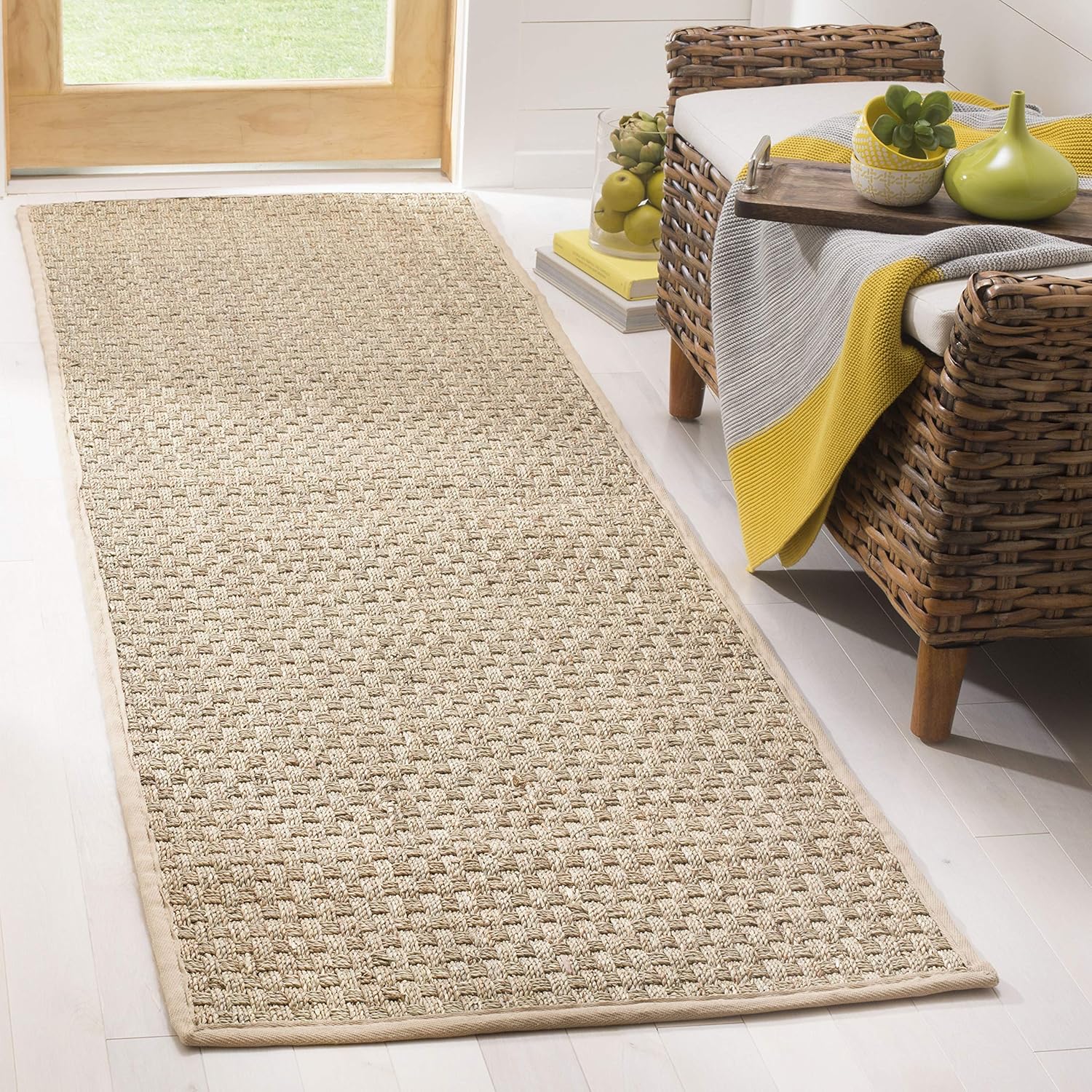 SAFAVIEH Natural Fiber Collection Runner Rug - 2'6" x 8', Natural & Beige, Seagrass, Basketweave Pattern with Border (NF114A)