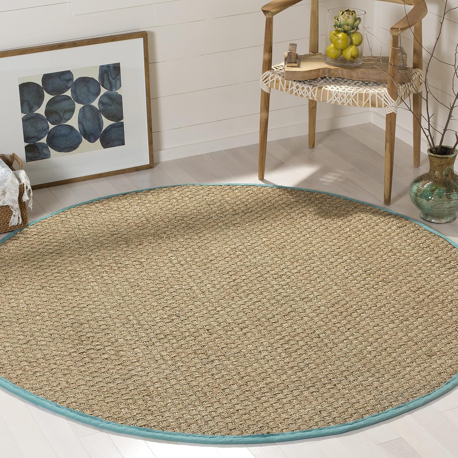 SAFAVIEH Natural Fiber Collection Runner Rug - 2'6" x 8', Natural & Beige, Seagrass, Basketweave Pattern with Border (NF114A)