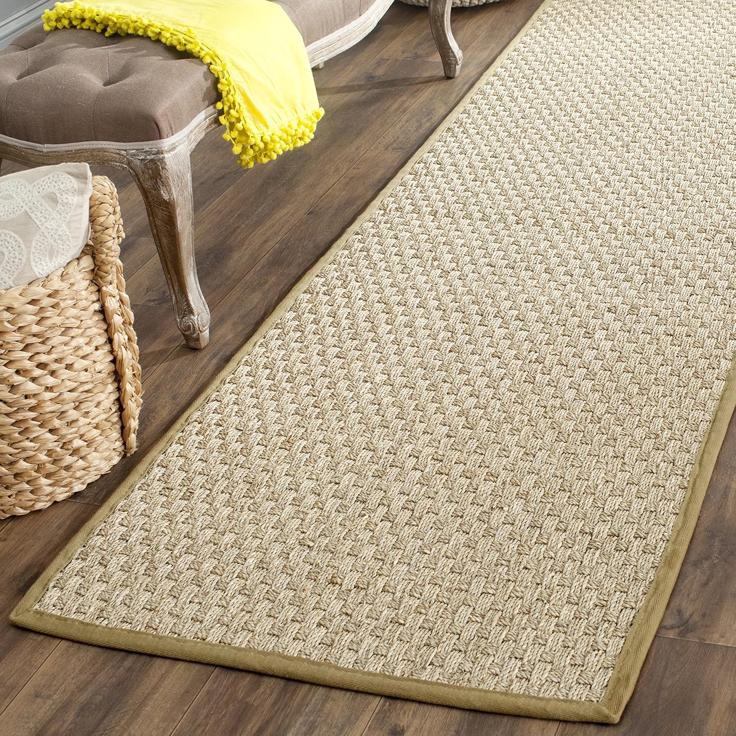 SAFAVIEH Natural Fiber Collection Runner Rug - 2'6" x 8', Natural & Beige, Seagrass, Basketweave Pattern with Border (NF114A)