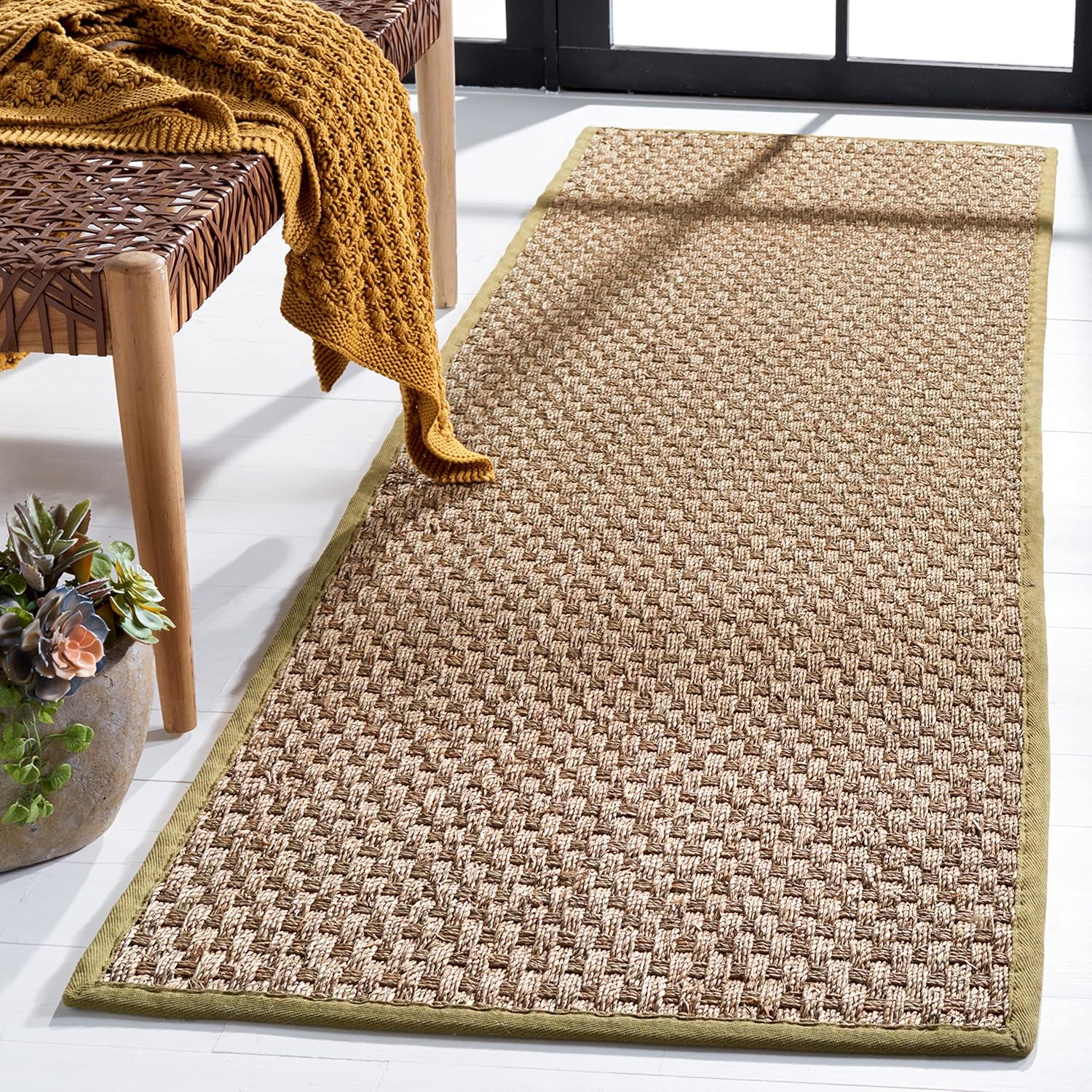 SAFAVIEH Natural Fiber Collection Runner Rug - 2'6" x 8', Natural & Beige, Seagrass, Basketweave Pattern with Border (NF114A)
