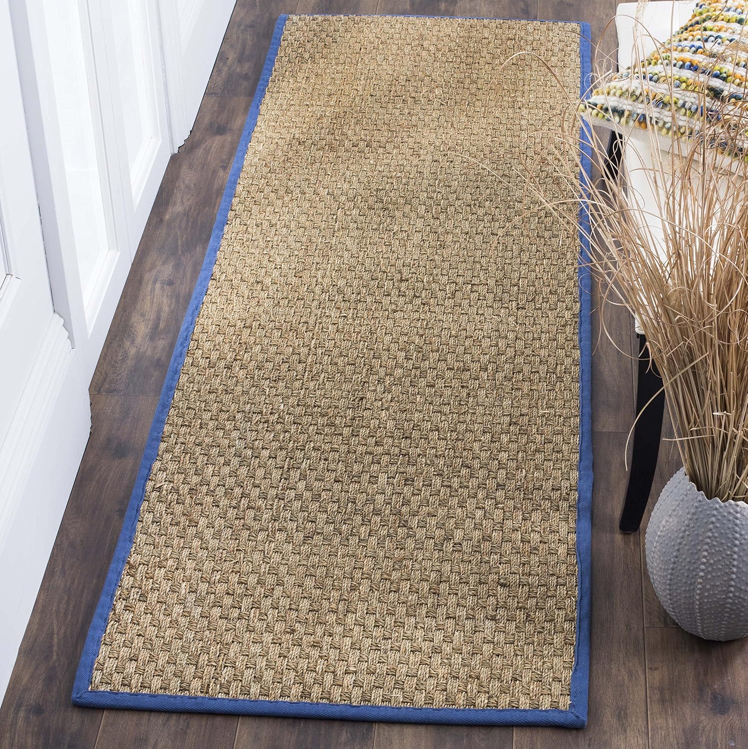 SAFAVIEH Natural Fiber Collection Runner Rug - 2'6" x 8', Natural & Beige, Seagrass, Basketweave Pattern with Border (NF114A)