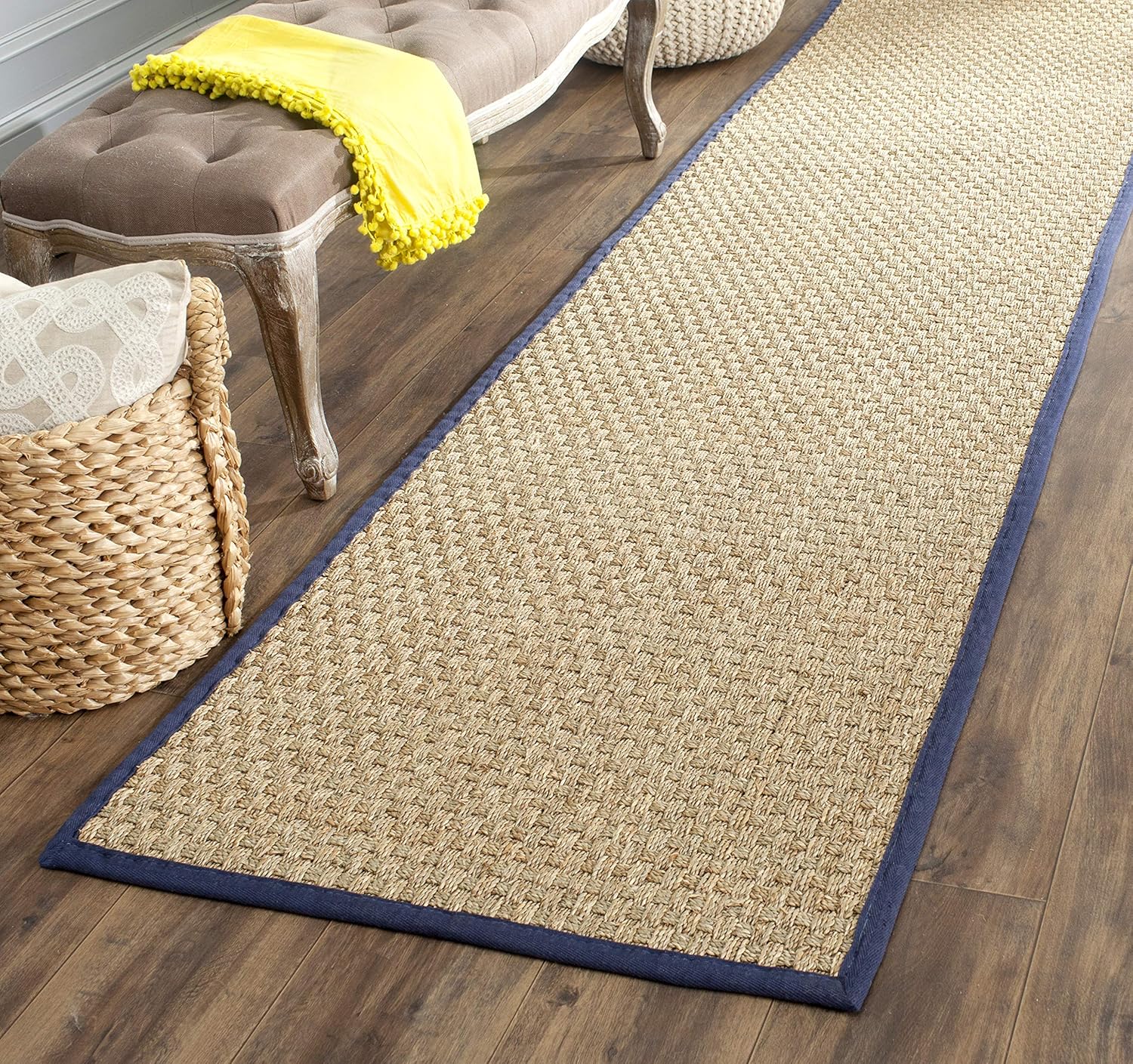 SAFAVIEH Natural Fiber Collection Runner Rug - 2'6" x 8', Natural & Beige, Seagrass, Basketweave Pattern with Border (NF114A)