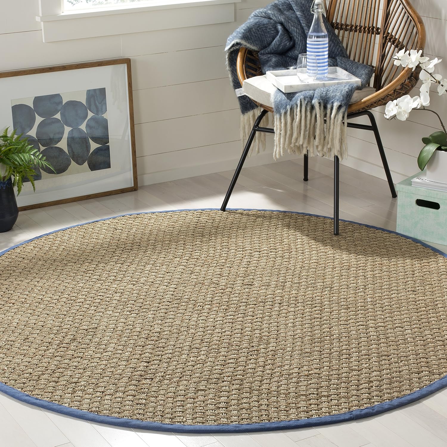 SAFAVIEH Natural Fiber Collection Runner Rug - 2'6" x 8', Natural & Beige, Seagrass, Basketweave Pattern with Border (NF114A)