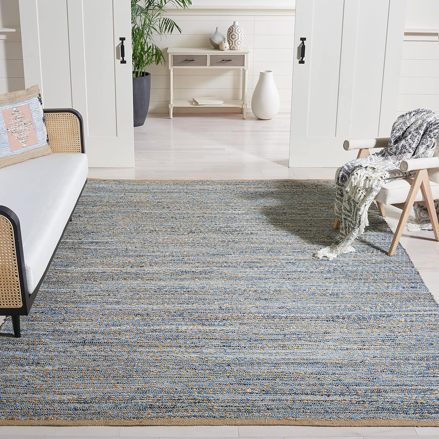 SAFAVIEH Cape Cod Collection Runner Rug - 2'3" x 12', Natural & Blue, Handmade Flat Weave Coastal Braided Jute, Ideal for High Traffic Areas in Living Room, Bedroom (CAP350A)