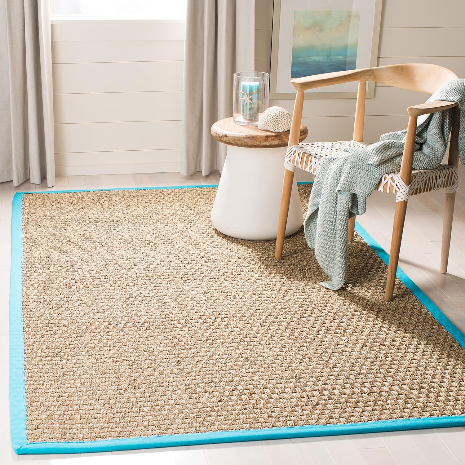 SAFAVIEH Natural Fiber Collection Runner Rug - 2'6" x 8', Natural & Beige, Seagrass, Basketweave Pattern with Border (NF114A)