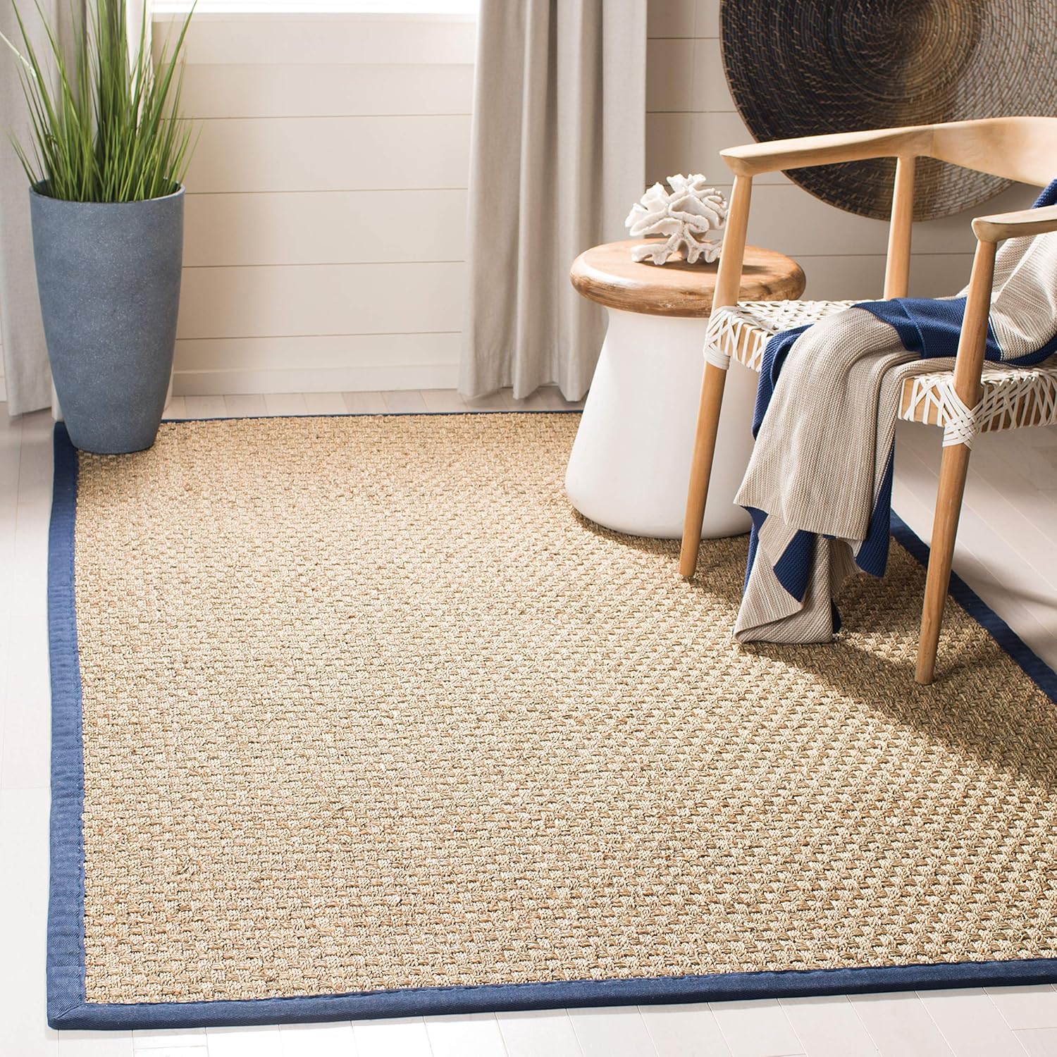 SAFAVIEH Natural Fiber Collection Runner Rug - 2'6" x 8', Natural & Beige, Seagrass, Basketweave Pattern with Border (NF114A)